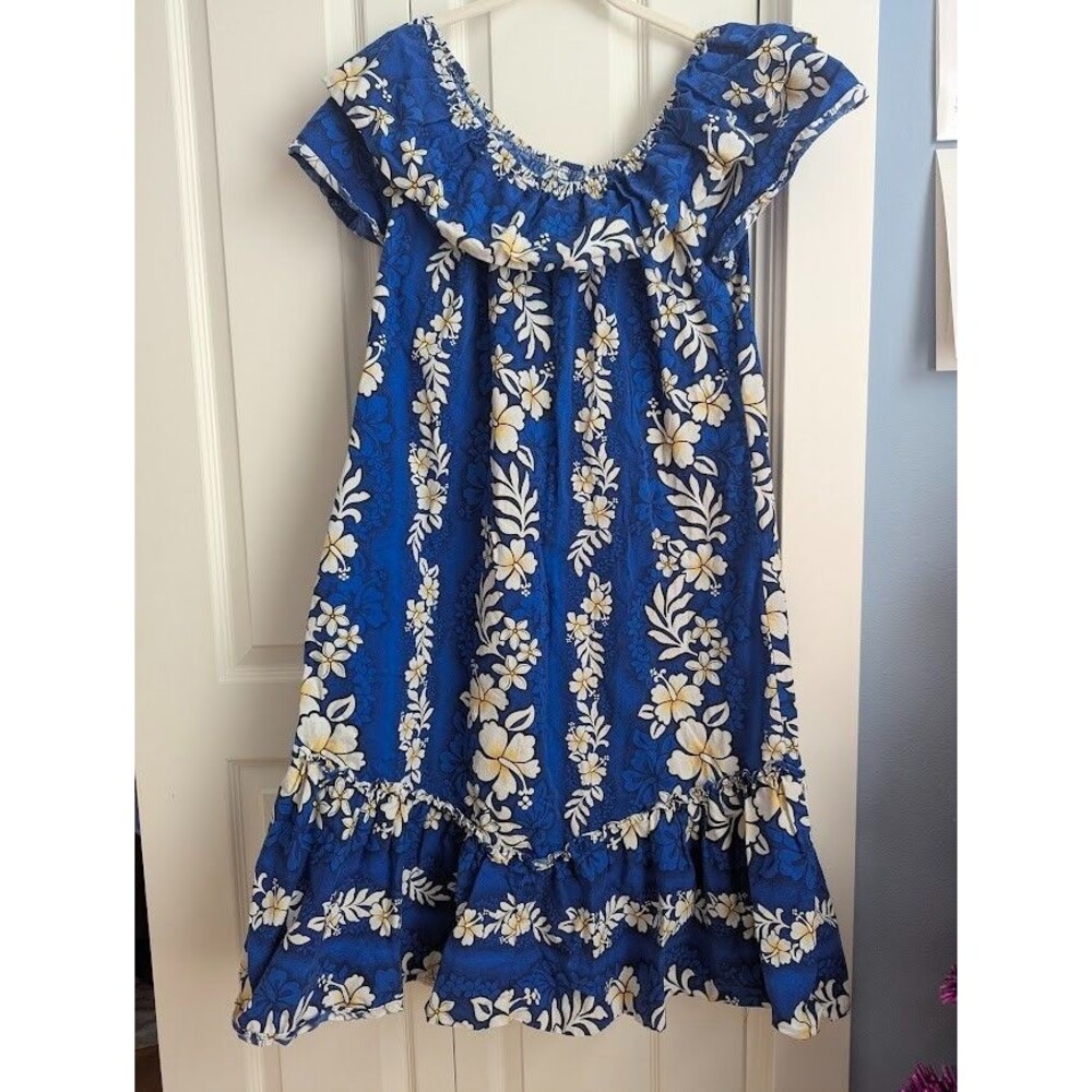 Vintage "Jade Fashions" Hawaii Muumuu House Nap Dress Blue Floral Small  cotton